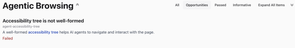 Deep dive on Agentic Browsing Warning showing the Accessibility tree is not well formed.