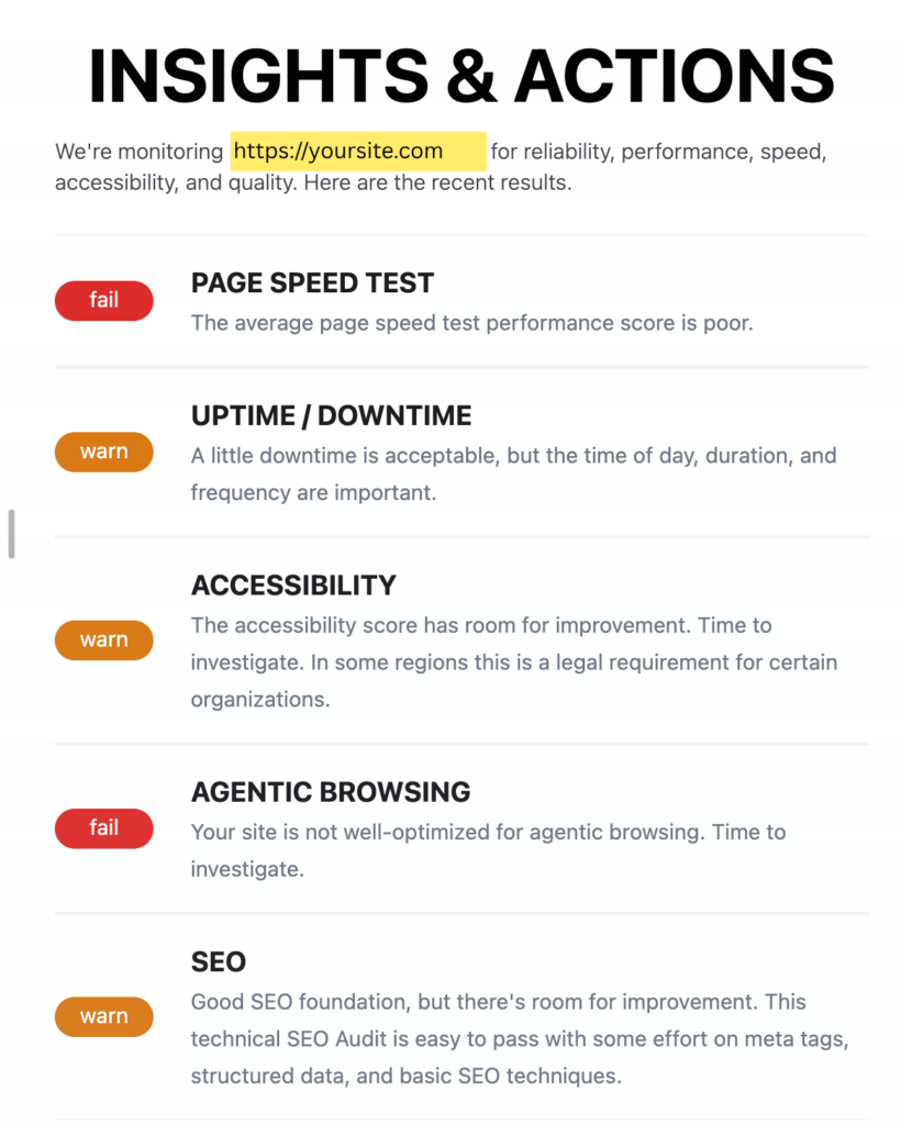 Insights and Actions for a sample site showing failing Page Speed and Agentic Browsing Tests. Warnings for Uptime/Downtime, Accessibility, and SEO.